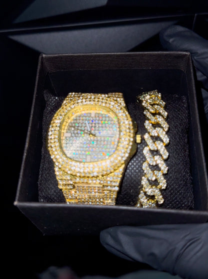 Gold Ari Cuban Watch Set