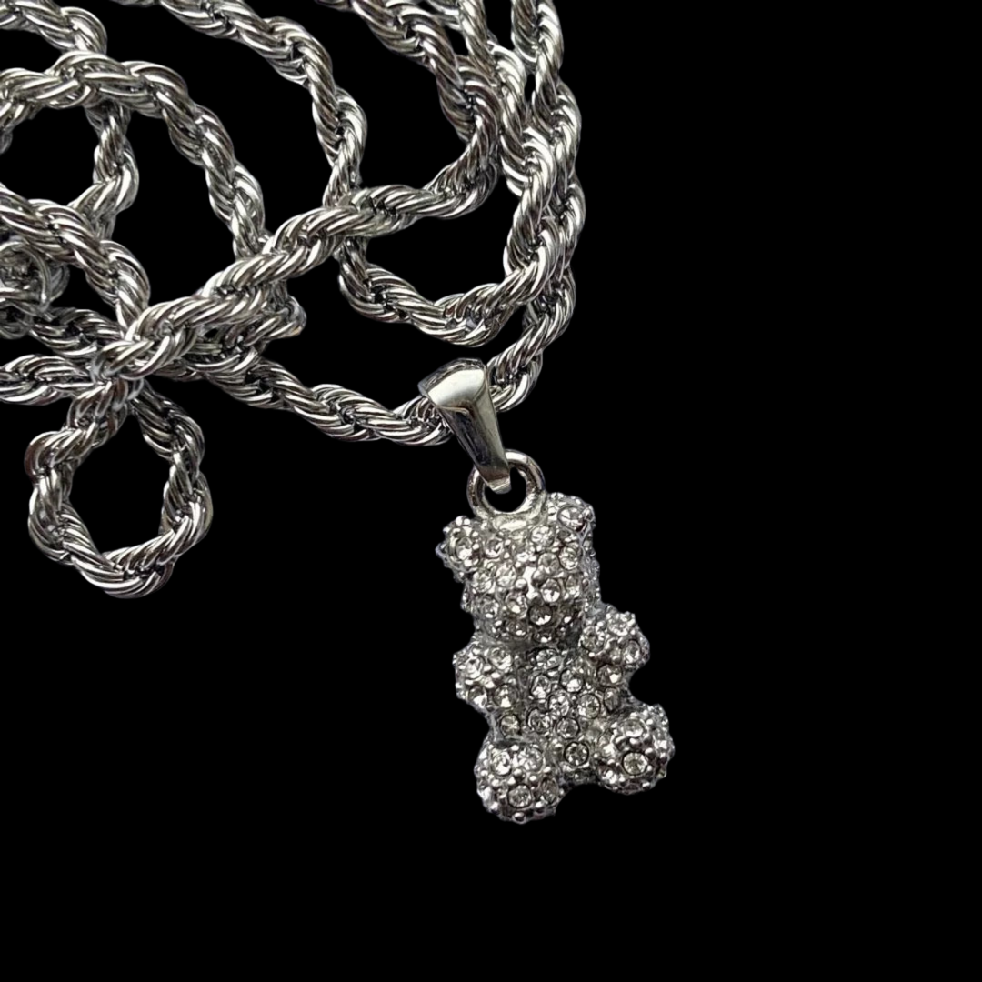 Silver CZ Teddy Bear Necklace