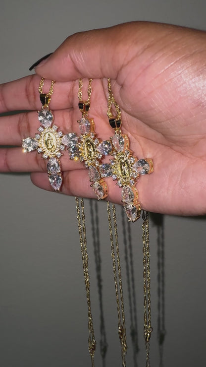 Crystal Clear Virgin Mary Cross Necklace